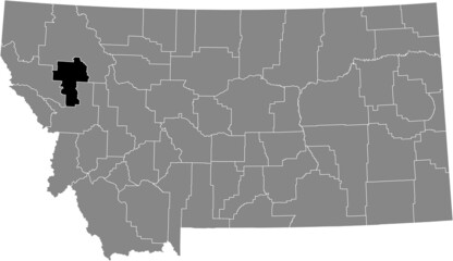 Black highlighted location map of the Lake County inside gray map of the Federal State of Montana, USA