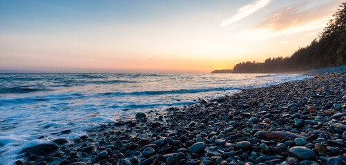 Sandcut Beach on the West Coast of Pacific Ocean. Summer Sunny Sunset. Canadian Nature Landscape...
