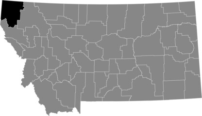 Black highlighted location map of the Lincoln County inside gray map of the Federal State of Montana, USA