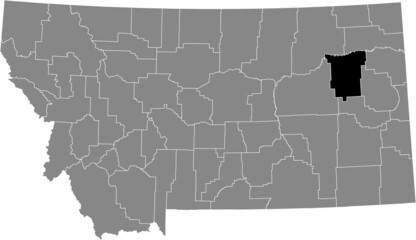 Black highlighted location map of the McCone County inside gray map of the Federal State of Montana, USA