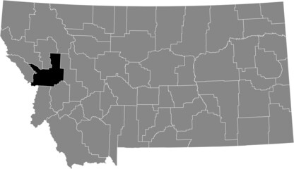 Black highlighted location map of the Missoula County inside gray map of the Federal State of Montana, USA