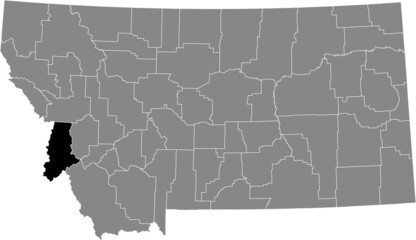 Black highlighted location map of the Ravalli County inside gray map of the Federal State of Montana, USA