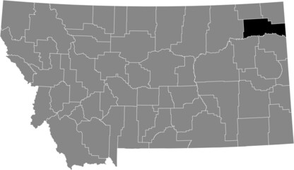 Black highlighted location map of the Roosevelt County inside gray map of the Federal State of Montana, USA