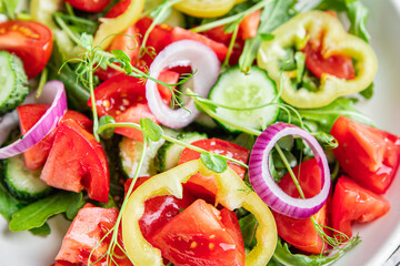 salad vegetables tomato, cucumber, pepper, onion, olive oil healthy food fresh portion veggie ready to eat meal snack on the table copy space food background rustic keto or paleo diet vegan