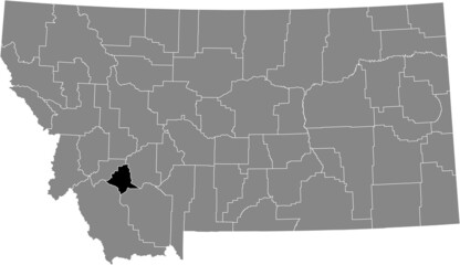 Black highlighted location map of the Silver Bow County inside gray map of the Federal State of Montana, USA