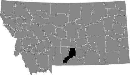 Black highlighted location map of the Stillwater County inside gray map of the Federal State of Montana, USA