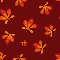 Seamless pattern with chestnut  leaves in Orange, Brown and Yellow isolated on  burgundy. Perfect for wallpaper, gift paper, pattern fills, autumn greeting cards