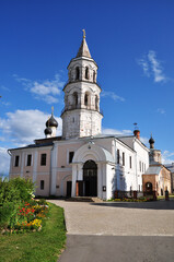 View of a large church with a bell tower. Bell tower with two observation platforms.