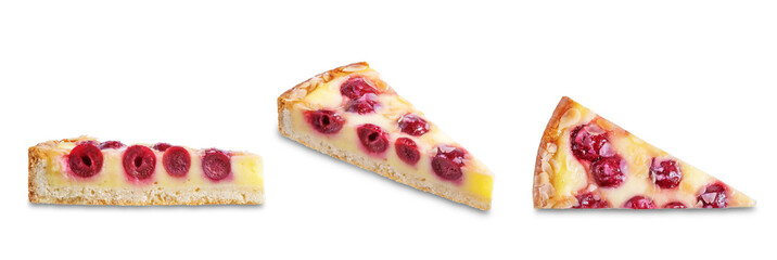 Fresh sweet cheesecake with cherries and almond sprinkles on a white isolated background