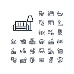 Sofa and floor lamp line icon in set on the white background. High quality outline symbol for web design or mobile app.