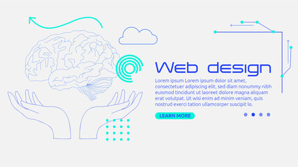 Bannière web vectorielle, illustration vectorielle. Mains, cerveau et technologie. Formes graphiques et abstraites. Illustration design et multimédia. Template numérique pour le web avec texte.