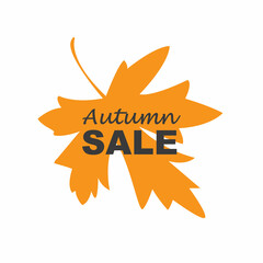 Orange autumn leaf with sale text in white background, vector banner, label.