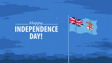 Detailed flat vector illustration of a flying flag of Fiji in front of a cloudy night background. Happy Independence Day.
