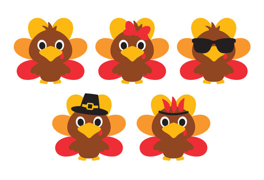 Cute fall baby turkeys with a bow, sunglasses, hat, and feather headband vector illustration.