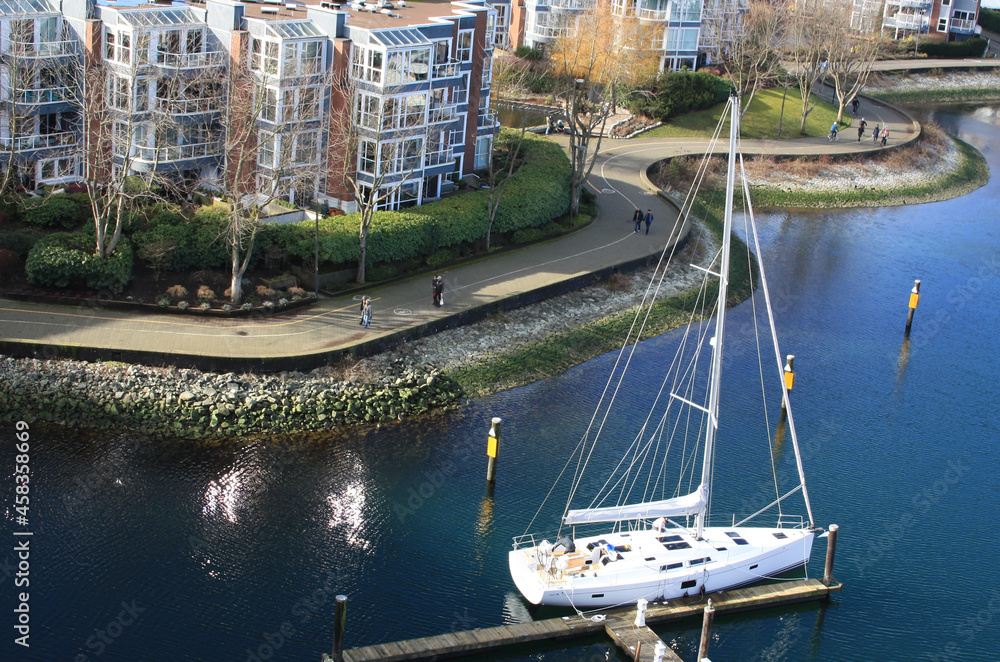 Poster aerial shot of yachts and boats parked in a harbor in vancouver, canada