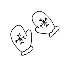 Doodle mittens. A symbol of winter, New Year and Christmas. Mittens for walking and winter games. Vector drawing of mittens with snowflakes.