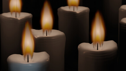 Candle wick and its flame in close range with mixed blur candle group in background (3D Rendering)