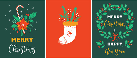 Fototapeta na wymiar Christmas cards template collection. Vector illustration: holly wreath, Christmas sock, Poinsettia, text