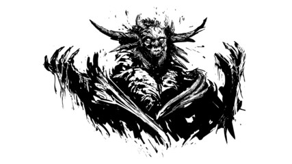 A dirty sketch of a tattoo.A black and white demon with horns raises its clawed hands up.he is wearing a white cape and bones.he has an evil face and sharp fangs and his eyes are burning.2d art.