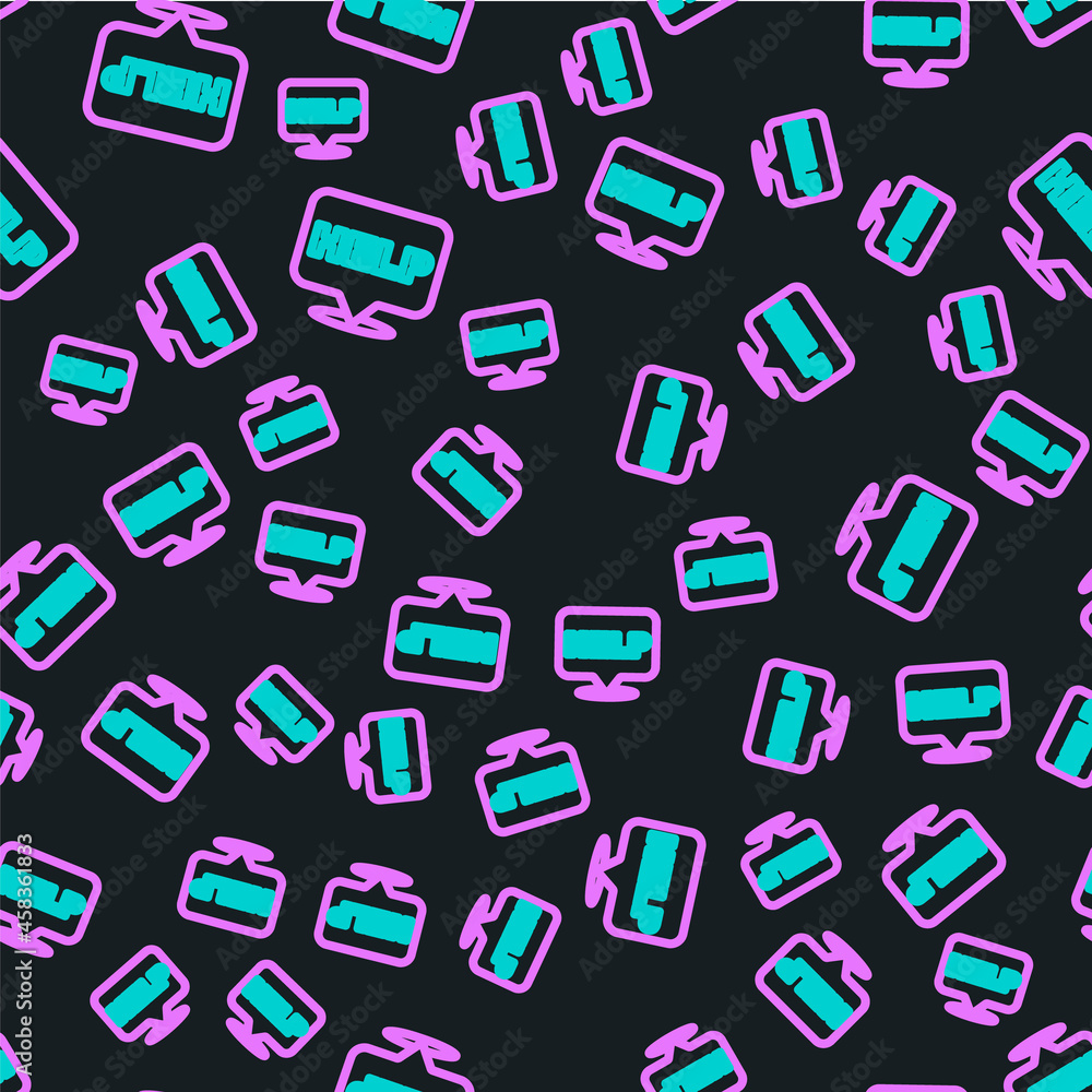Poster line speech bubble with text help icon isolated seamless pattern on black background. vector