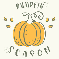 Autumn mood. Doodle pumpkin and seeds. Vector paint hand drawn picture in cartoon style. Greeting cards with lettering