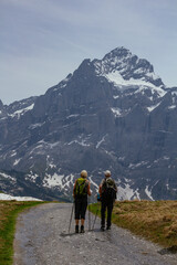 Backpacker hiker walking on panoramic trail with view on swiss alps with snow