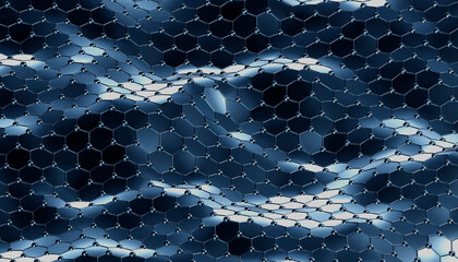 Graphene hexagonal structure in motion as artificial intelligence concept. Graphene molecular grid. 3D illustration. 3D Rendering