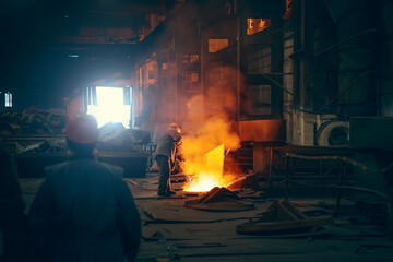 Worker in blast furnace. Metallurgical plant. Industrial steel production. Interior of...
