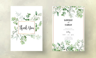wedding invitation card template with eucalyptus leaves watercolor