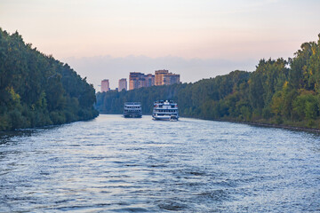 White four-deck ship Leonid Krasin on a river cruise. Built in Germany in 1989. Moscow region,...