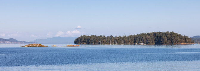 Gulf Islands on the West Coast of Pacific Ocean. Canadian Nature Landscape Background. Sunny Summer Day. Near Victoria, Vancouver Island, BC, Canada.