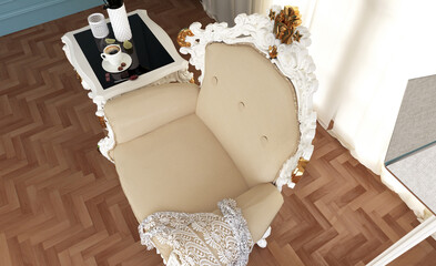 Obraz na płótnie Canvas Baroque armchair with lace, room interior smooth wall, classical style yellow flowers baroque table and wooden floor