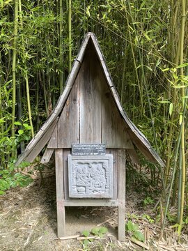 Petit temple en bois au milieu des bambous