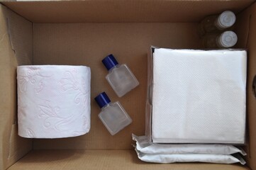 Personal hygiene products (toilet paper, napkins, antibacterial gel, Sanitizer, Cotton swab) in a box. Delivery of hygiene products.Humanitarian assistance.