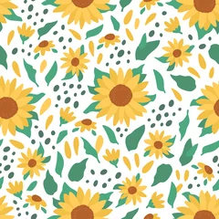 Gordijnen Cute vector seamless pattern with sunflowers and green leaves. Botanical floral concept for design print materials, textile, sketchbook. Yellow flowers on white background © katya.kotletka