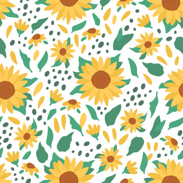Cute vector seamless pattern with sunflowers and green leaves. Botanical floral concept for design print materials, textile, sketchbook. Yellow flowers on white background