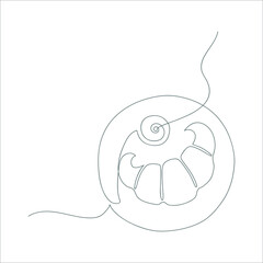 Croissant on a plate and chocolate cream drawn in one line. Food sketch. Vector illustration.