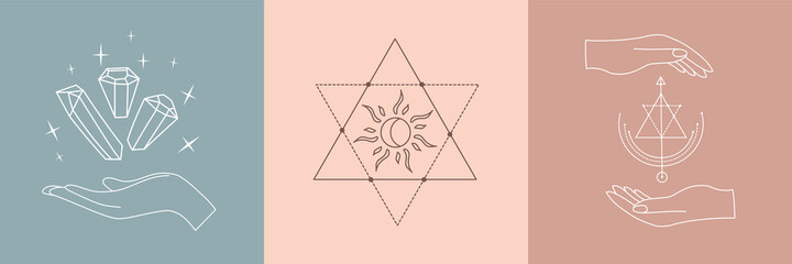 Set of alchemy esoteric mystical magic talisman with woman hands, sun, crystal, sacred geometry isolated. Spiritual occultism vector object.