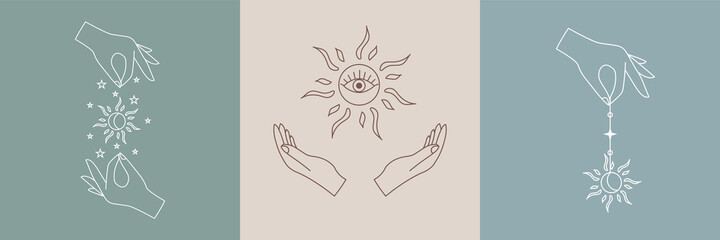 Fototapeta premium Set of alchemy esoteric mystical magic talisman with woman hands, sun, sacred geometry isolated. Spiritual occultism vector object.