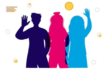 Silhouette faces woman and man vector Multicultural characters show greeting gesture Group young people Concept of racial equality and anti-racism Diversity multi-ethnic person Friendship society