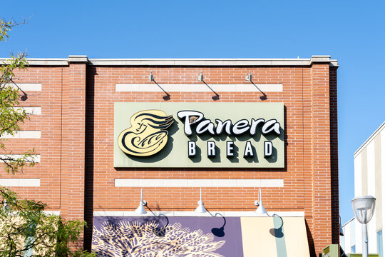 Toronto, Canada - September 7, 2021:  Close up of Panera Bread sign on the building in Toronto, Canada. Panera Bread Company is an American chain store of bakery-cafe fast casual restaurants. 