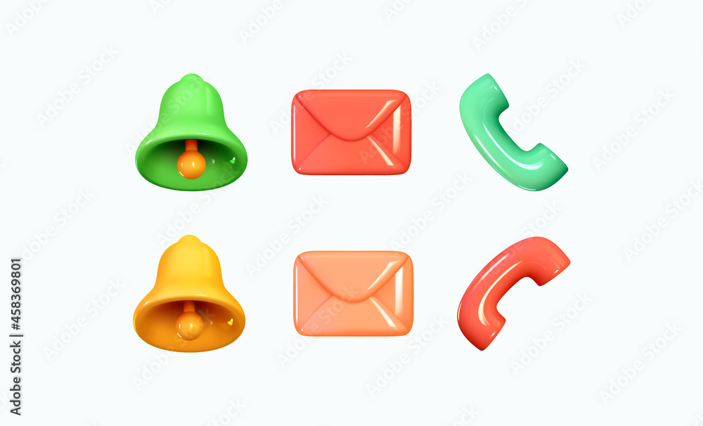 Aufkleber bell notification and message symbol, telephone receiver. realistic 3d design of objects. red and gr