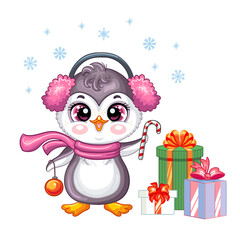 Cute Christmas penguin girl with gifts vector illustration
