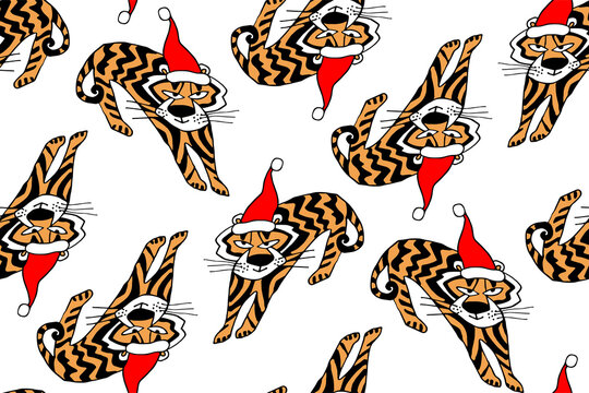 Tiger in red cap seamless pattern with Christmas symbol 2022 isolated on white. Animal of Chinese New Year. Sticker, printing, clip art, package, postcard, poster.