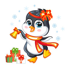 Cute Christmas penguin with gifts vector illustration