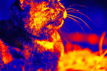 Portraits of cat. Scanning the animal's body temperature with a thermal imager