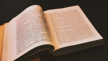 Fototapeta premium Ancient Greek, Latin Dictionary with soft yellow dramatic light, Education, knowledge concept