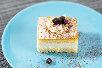 A piece of cake on a blue plate.