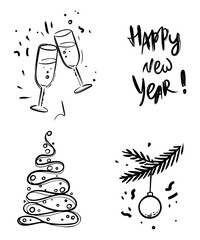 Set of new year pictures, hand drawn vector illustration, monochrome