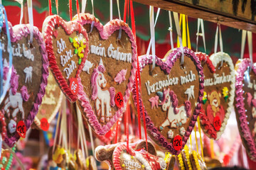 Festive cityscape - view of the Christmas gingerbread cookies closeup on the Christmas Market (Weihnachtsmarkt) in the city of Vienna, Austria